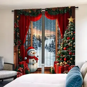 Christmas Santa Print Curtains, Rod Pocket Style, Half Sunshade Polyester, Home Living Room Bedroom Balcony Kitchen Study Cafe Window Decor