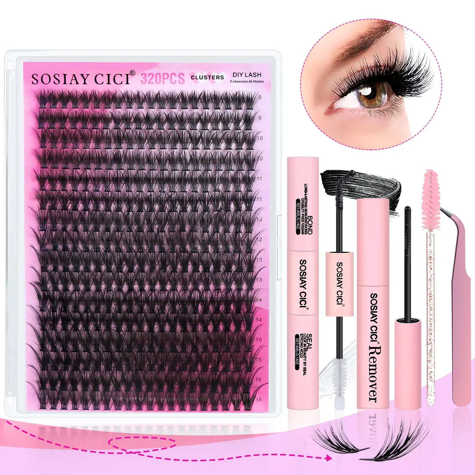 Easy DIY Lash Extension Kit with 320 Pcs 40D D Curl Clusters, Reusable Individual Lashes (9-16mm Mix) Including Adhesive Bond, Seal & Remover Tools