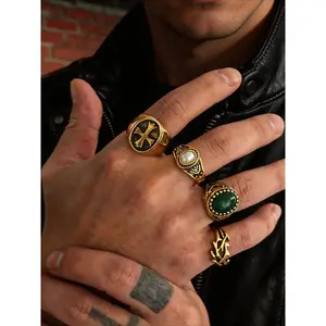 Men's Vintage Gold Cross & Gem Ring Set Gothic Punk Statement Fashion Ring for Streetwear Unisex Retro Jewelry for Guys MensRings GothicStyle Dark Aesthetic Rings Geometric Design Ring