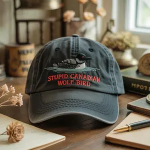 “Stupid Canadian Wolf Bird” Embroidered Hat – Funny Loon Baseball Cap, Vintage Adjustable Dad Hat, Hockey Fan Gift, Cotton Hat