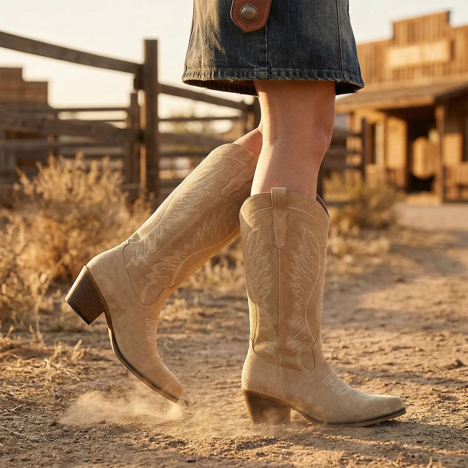 Amazon.com | Women Cowboy Knee High Boots Suede Chunky Block  Women\'s Beige Retro Square Toe Cowgirl Side Zipper Blocked Chunky Heel Boots main image 1