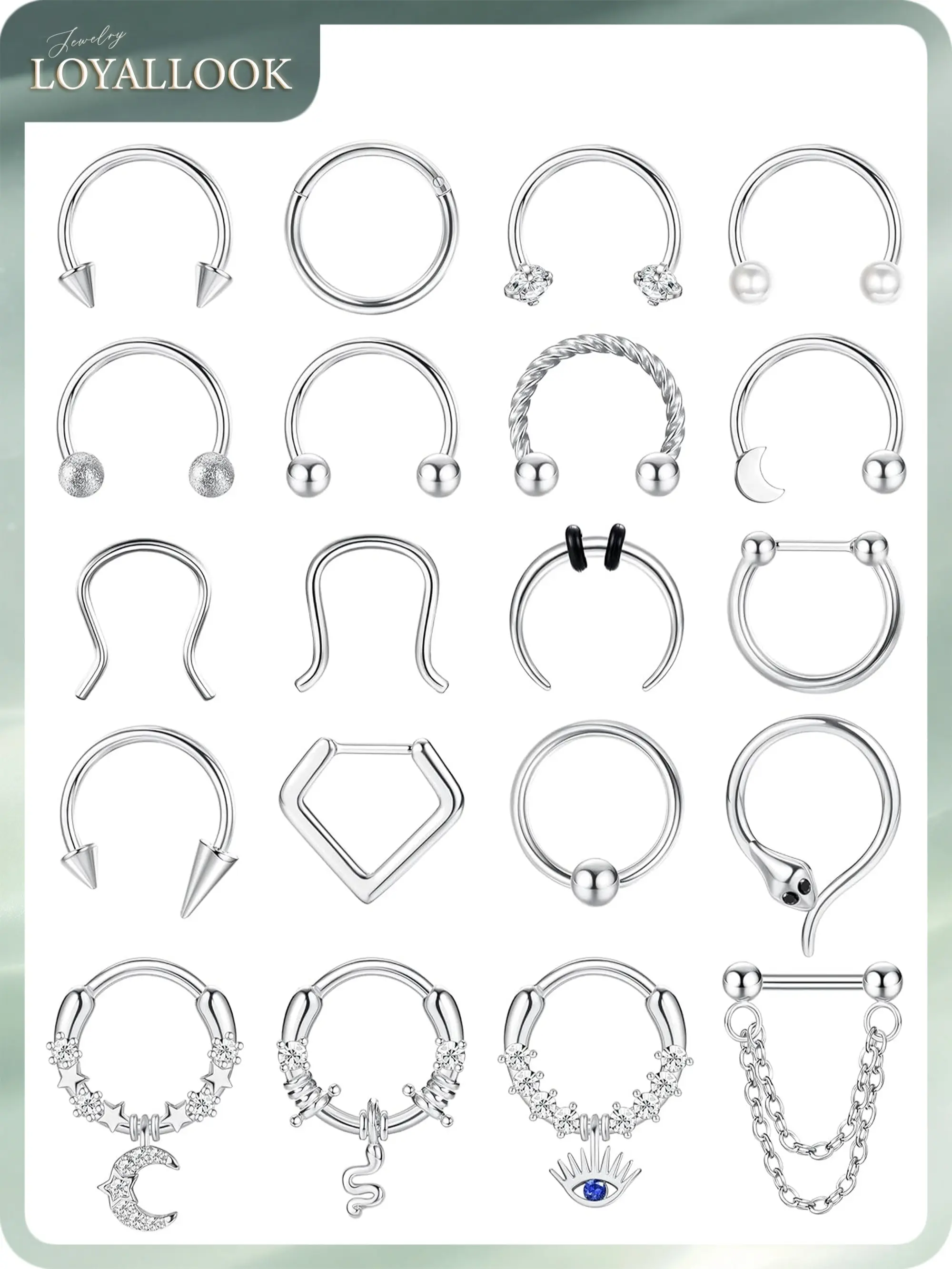 LOYALLOOK 20PCS 16G Septum Nose Rings for Women - Hypoallergenic Surgical Steel daith piercing jewelry Cute CZ Dangle Hinged Clicker Lip Helix Tragus Daith Cartilage Earrings Hoop 10MM Gold Silver Black