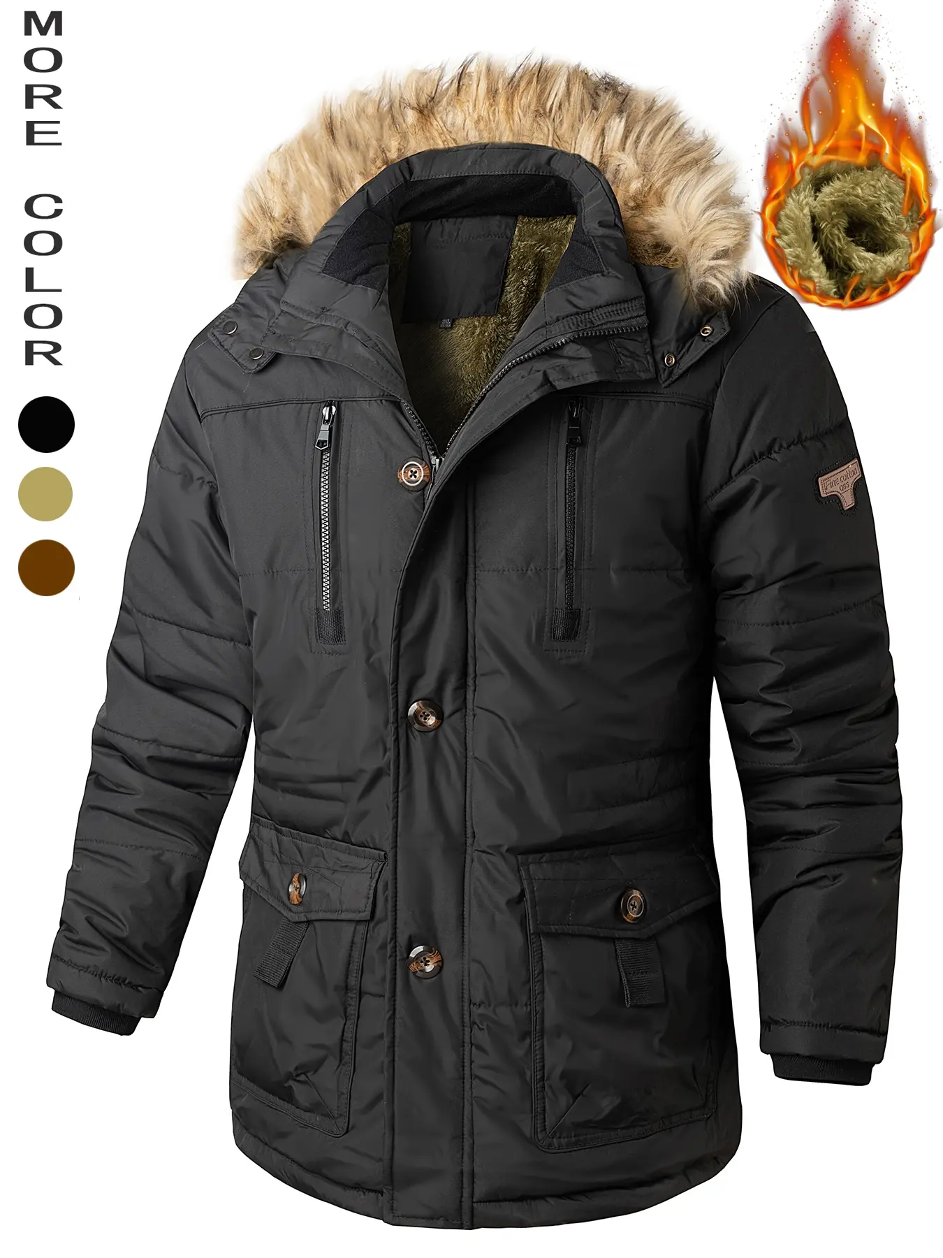Men's Winter Thickened Fleece Jacket with Hat, Warm Casual Outerwear Coat, Cotton Padded Overcoat for Cold Weather