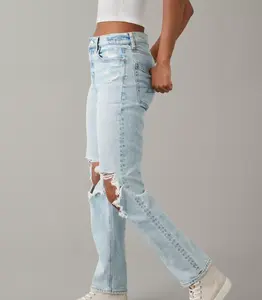 Women's Cotton Denim Stretch Super High-Waisted Light-Wash Ripped Ankle Straight Jeans, Women's Bottoms Clothes for Daily Wear