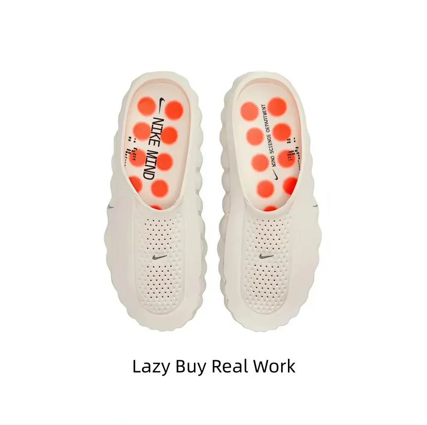An underrated light cream recovery slip-on gem you cannot miss! Fine full perforated waterproof shell, bright orange massage dotted insoles and wavy edge craft mild minimalist loungewear aesthetics.