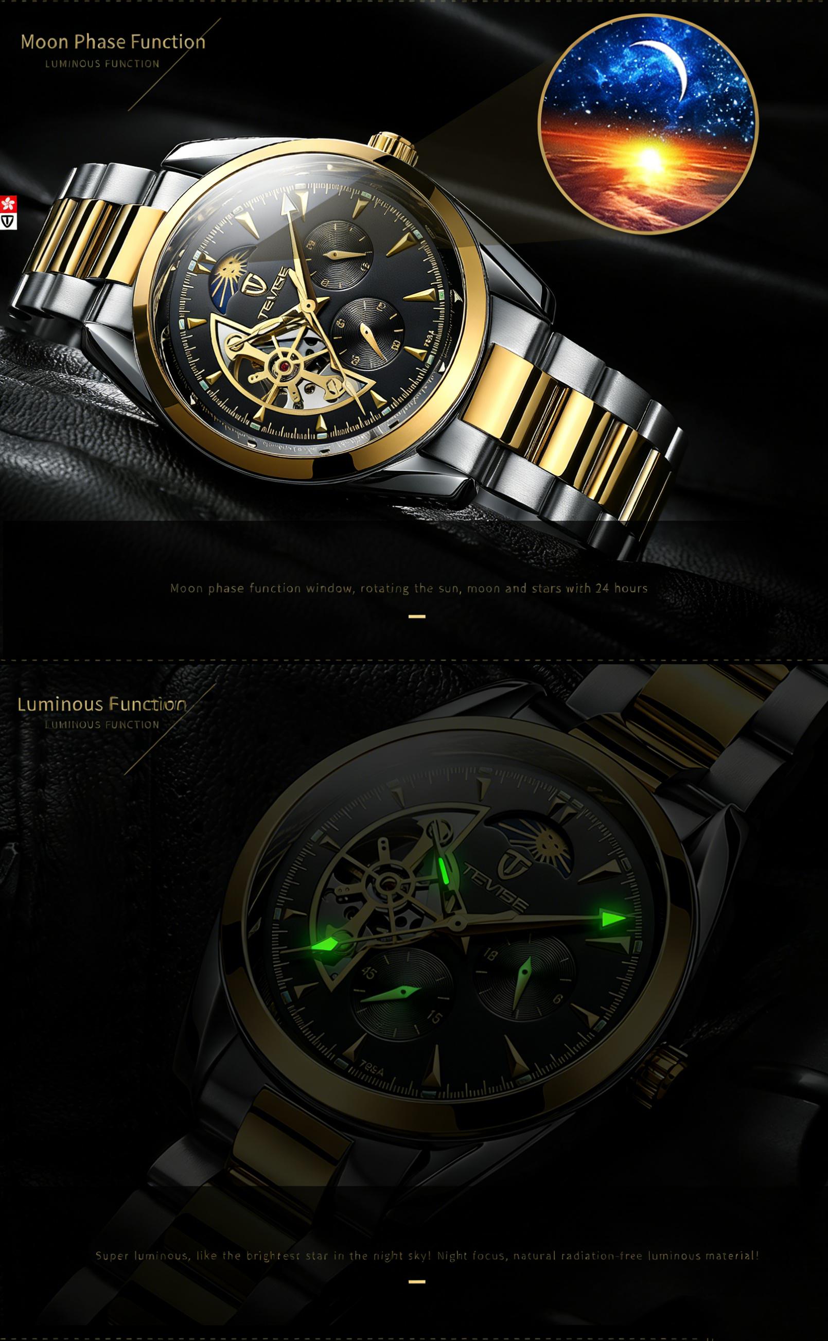 Luxury Men's Skeleton Watch, Moon Phase, Automatic Movement, Business Stainless Steel Wristwatch Luxury Men's Skeleton Watch, Moon Phase, Automatic Movement, Business Stainless Steel Wristwatch