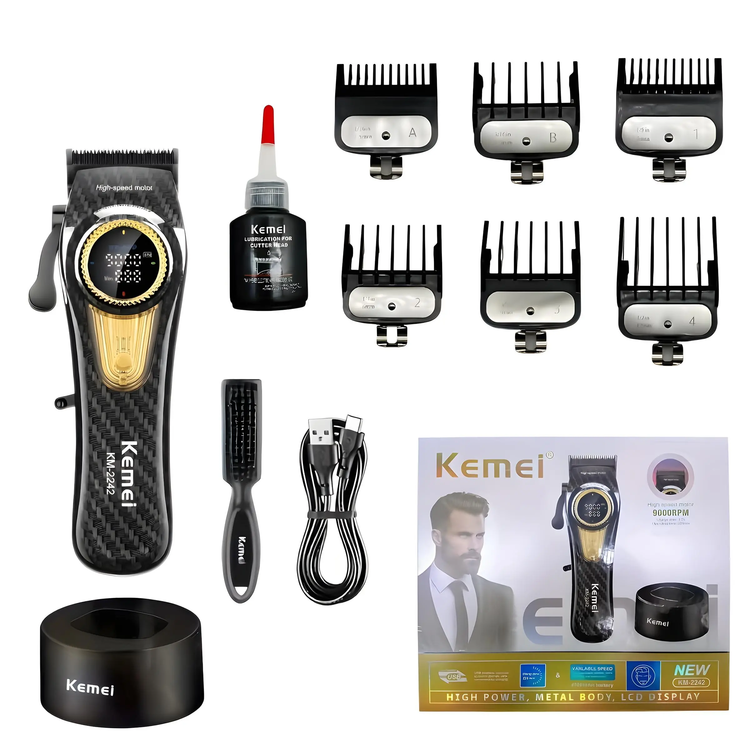Kemei Electric Hair Trimmer Km-2242, USB Rechargeable Clipper, Wireless Hair Trimmer, Professional Men's Shaver, Long Battery Life, Cordless Hair Clippers