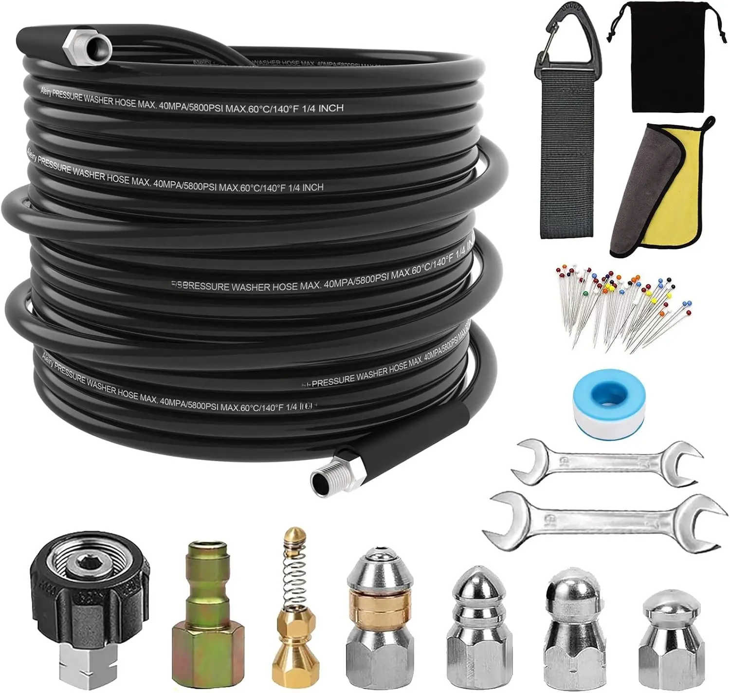 100 FT 5800 PSI Sewer Jetter Kit for Pressure Washer, 1/4" NPT Water Jet Drain Cleaning Hose with Corner Rotating Button Spring Nose High-Nozzles, Power Tool Accessory for Toilets, Gutters, Siding + Cleaning Cloth & Storage Bag