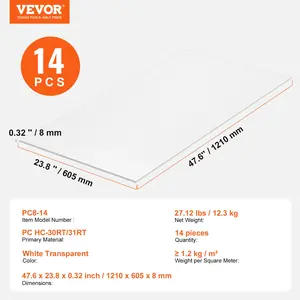 VEVOR 14 Pack Polycarbonate Greenhouse Panels, 2' X 4' X 0.32'' Roof Panels Sheets, Waterproof UV Protected Corrugated Plastic Roofing, Impact Resistance Clear Roofing Sheets for Greenhouse/Garden