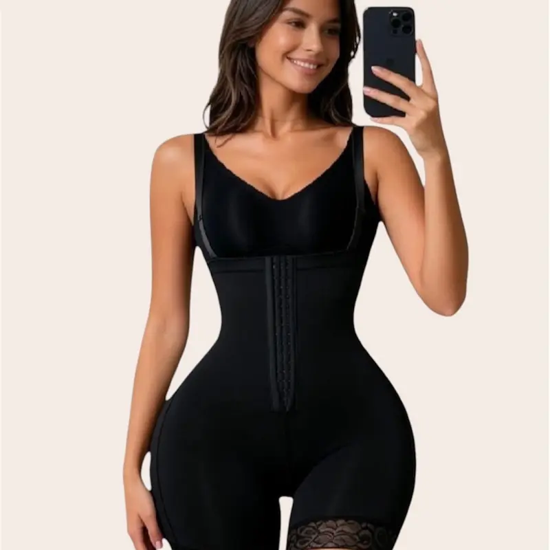 Women’s Black High Compression Faja Bodysuit Seamless Tummy Control Waist Trainer Shapewear with Lace Trim, Adjustable Straps & Zipper Crotch