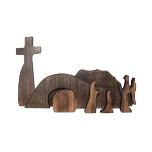 Mother’s Day Father’s Day Christian Gift – Empty Tomb Scene Decor with Cross, Wooden Jesus Tiered Tray Bundle for Home Office Tabletop