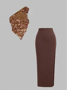 Women's Asymmetric One-Shoulder Sequin Fitted Top with Solid Color Midi Skirt Set, Elegant and Sexy, Perfect for Parties, Festivals, Gatherings, Outings and Multiple Occasions.