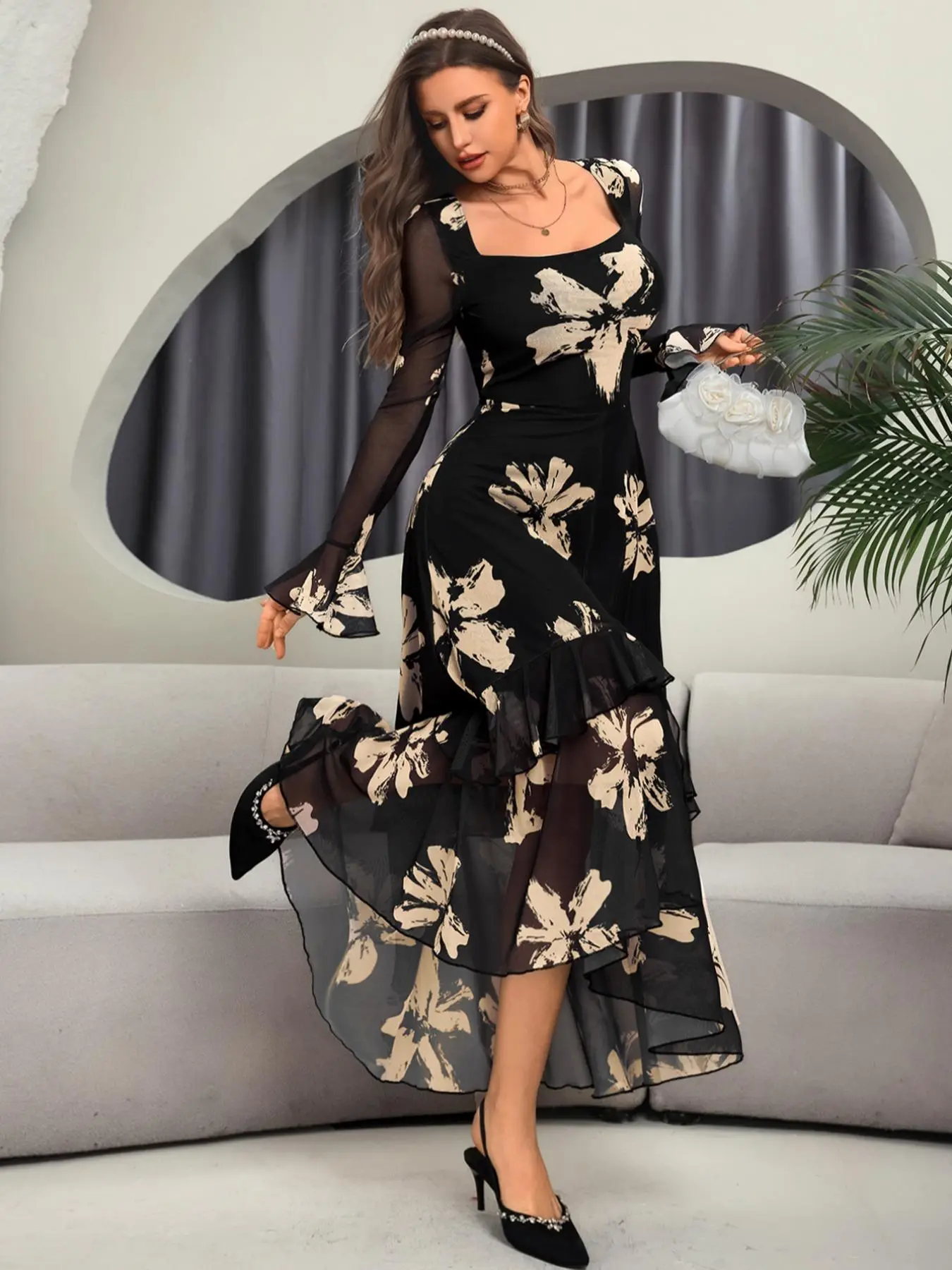 Women's Leopard Print Ruffle Trim Fitted Dress, Elegant Fashion Casual Square Neck Long Sleeve Flared Dress Women's Leopard Print Ruffle Trim Fitted Dress, Elegant Fashion Casual Square Neck Long Sleeve Flared Dress