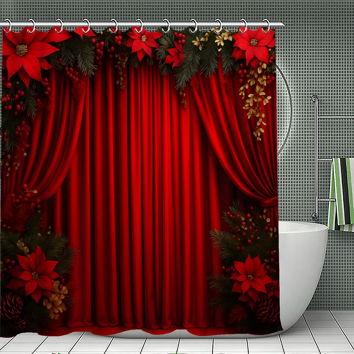 72x72 Inch Waterproof Christmas Bathroom Shower Curtain Set, Durable Polyester Fiber, Easy Install Hooks Included, Perfect Holiday Gift, Bathroom Curtains Shower Set