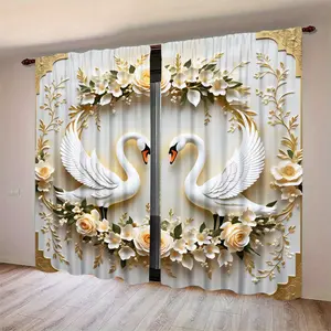 Elegant Floral Swan Print Curtains Set, 2pcs Snowflake Pattern Home Decoration Curtain, Ideal for Living Room Balcony Bedroom Windows