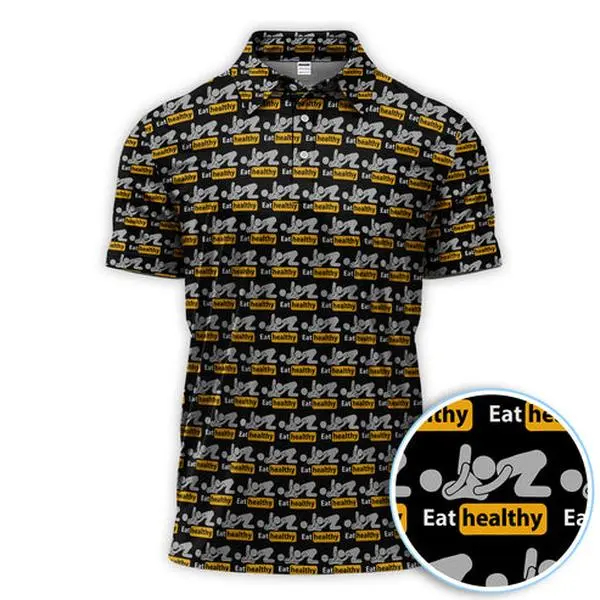 Eat Healthy Pattern Golf Polo Shirt for Men – Modern Lifestyle Performance Golf Apparel, Funny Golfer Gift