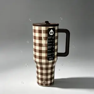 HydroJug 40oz Brown Checkerboard Insulated Stainless Steel Tumbler Mug - 24-Hour Cold Retention, Leak-Proof, BPA-Free, Cup Holder-Fit Travel Drinkware Bottles for Car, Office (Iced Coffee, Water)