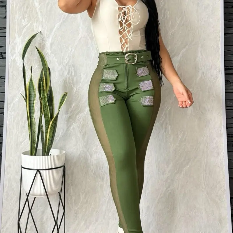 Green Glitter Leggings with Side Detail for Women - Trendy & Comfortable