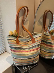 Summer Colorful Woven Ethnic Pattern Tote Bag, Women's Casual Large Capacity Handbag, Versatile Vacation Beach Shoulder Bag, Lightweight Striped Shopping Bag
