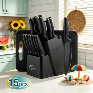 Black 15-piece kitchen knife set with sharpening tool and cutting board, stainless steel nonstick knives, ergonomic non-slip handles, integrated kitchen utensil set for home use