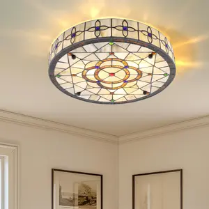 CNCEST Tiffany Style Ceiling Light 15.74 Inch Stained Glass Flush Mount Fixture with 3 E26 Sockets Colorful Retro Lamp for Living Room Bedroom Dining Room Not Included Bulbs