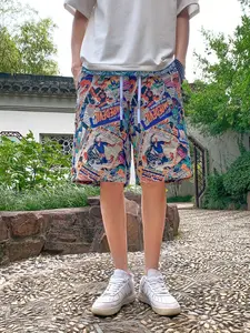 Men's Retro Print High Street Shorts, Loose Fit with Drawstring Waist, Full Pattern Design, Summer Breathable Essential
