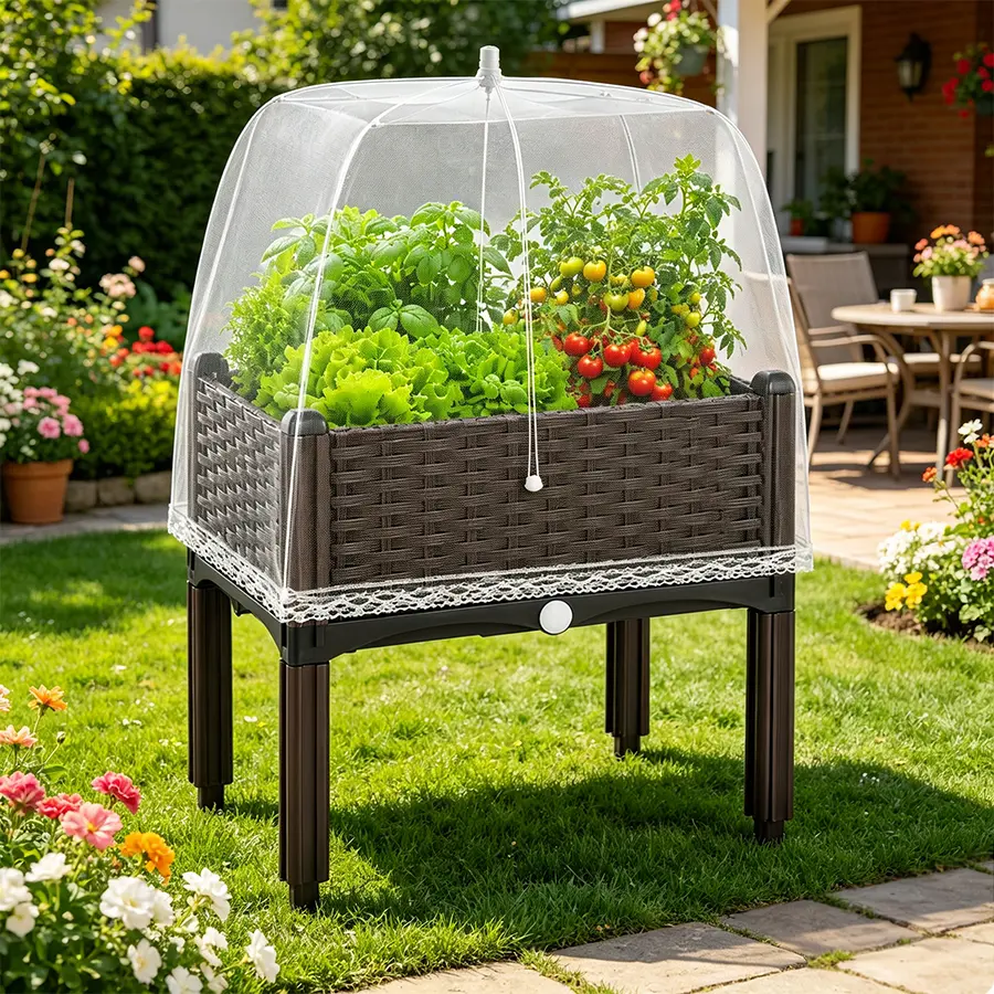 1/2-Pack Rattan-Look Plastic Raised Planter Box - Lightweight, Durable Patio-Ready Bed with Detachable Legs, Drainage Holes - Outdoor Planter Boxes for Herbs & Veggies Fit for Patios, Decks