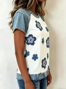 A women's fashionable and gentle casual denim patchwork contrasting short sleeved shirt with loose and slimming design, suitable for summer, home, indoor, and outdoor wear