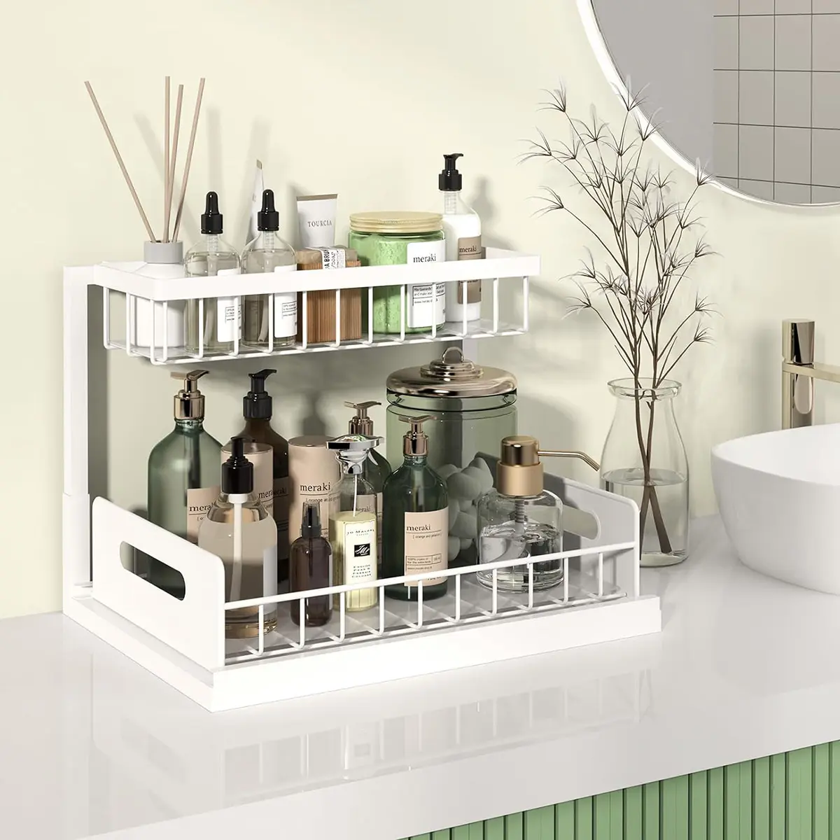 Under Sink Organizer, 2 Tier Pull OutDrawer Cabinet Organizer for Kitchen Bathroom,Cabinet PullOut Cabinet Organizer Slide Out Sink Shelf &Cabinet Organizer Racks