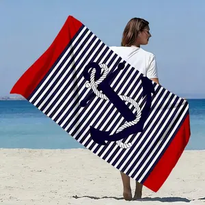 Navy Style Ship Anchor Stripe Quick-Dry Beach Towel, Non-Shedding Waterproof Bath Sheet, Portable Lightweight Striped Pattern Travel Towel for Vacation