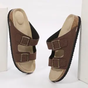 Womens Flat Sandals Cork Footbed Slides with 2 Adjustable Buckle Slip on Slides Summer Open Toe Beach Sandals