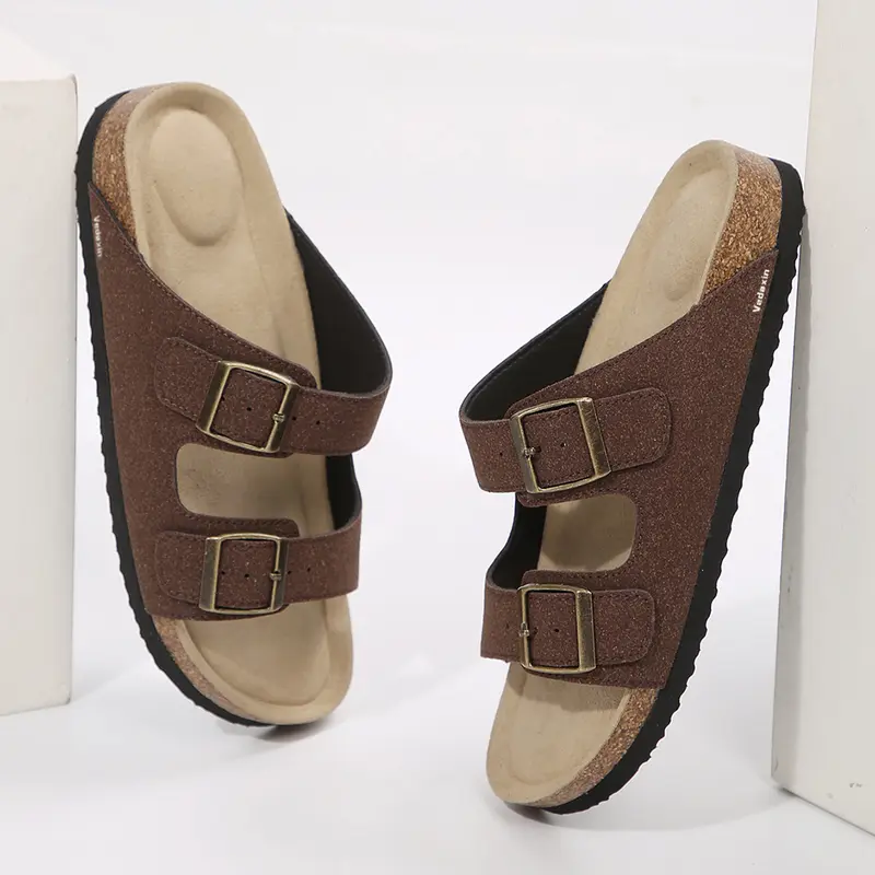 Womens Flat Sandals Cork Footbed Slides with 2 Adjustable Buckle Slip on Slides Summer Open Toe Beach Sandals