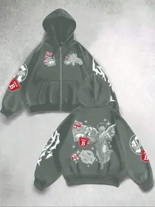 Men's 'Saint B Angel' Zip-Up Gothic Printed Hoodie | Oversized Fit, Patchwork Religious Print | Trendy Streetwear Essential | Perfect for Urban Style & Dark Faith-Inspired Fashion Enthusiasts | Fleece-Lined, Vintage Sacred Aesthetic