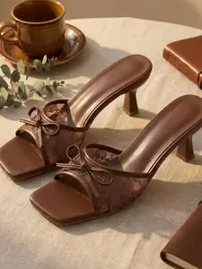 Women's Summer Lace Bow Kitten Heel Sandals, Square Toe Mesh Slip on Mules, Elegant Vintage Hollow Out Dress Pumps, Comfortable Mid Heel Slides