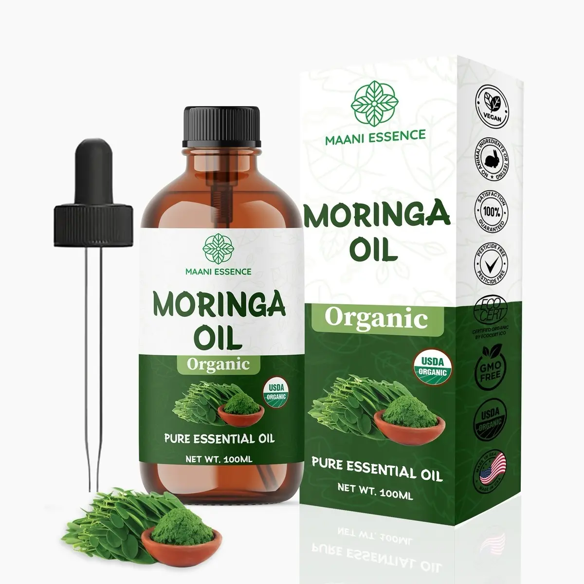 Organic Moringa Face Massage Oil, 100ml - Non-GMO, Pure & Natural - Made in USA for Body Care & Comfort