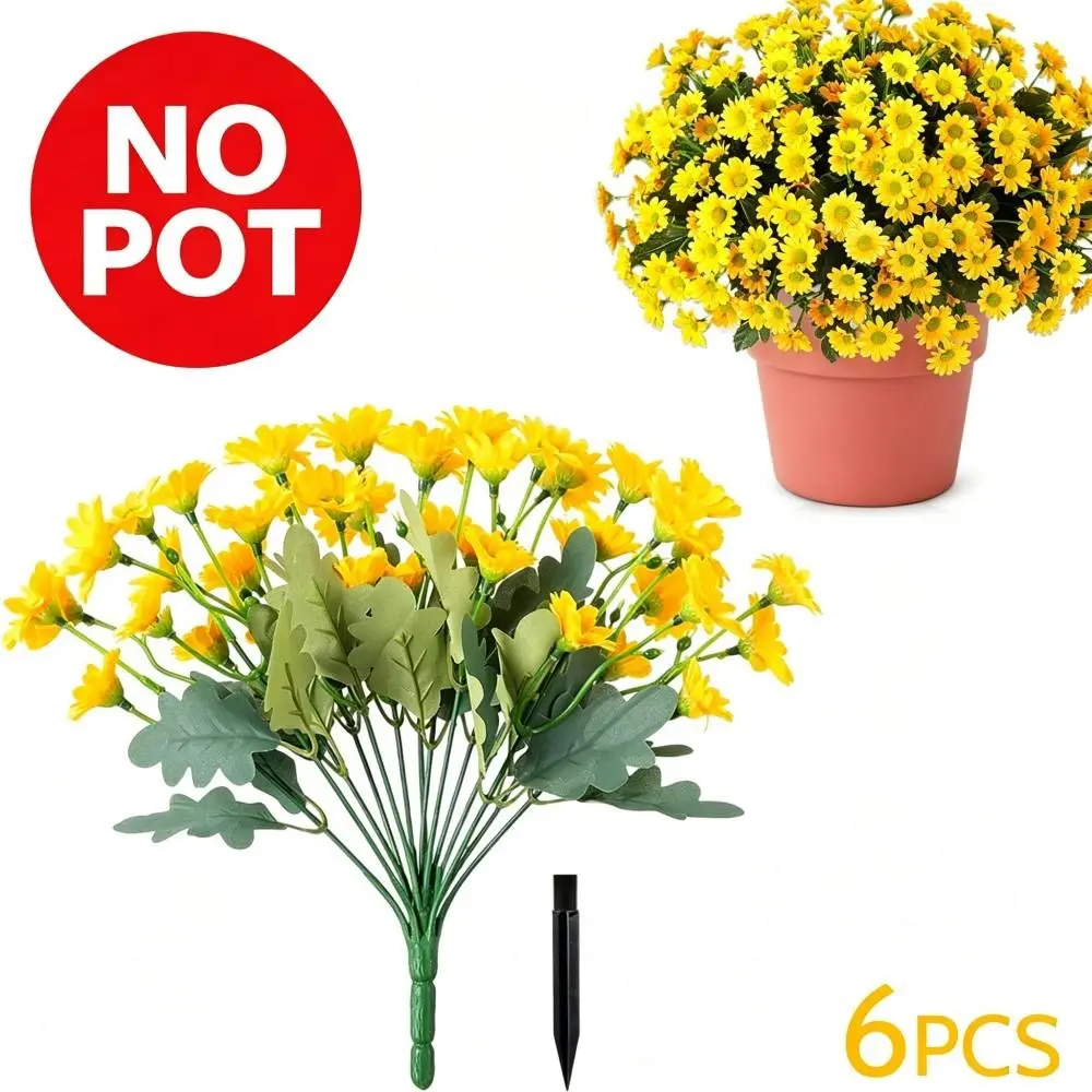 6 Pack UV Resistant Fake Yellow Daisy Bouquets with Ground Stakes, Artificial Chrysanthemum for Balcony and Cemetery Graves