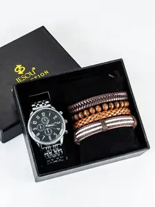 Men's Trendy Steel Band Quartz Watch + Bracelet Set, Artificial Leather, Checked Pattern, All Seasons, Creative Combination