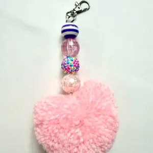Pink Heart Pom Pom Keychain with Beaded Bag Charm and Backpack Accessory for Stylish Accessories