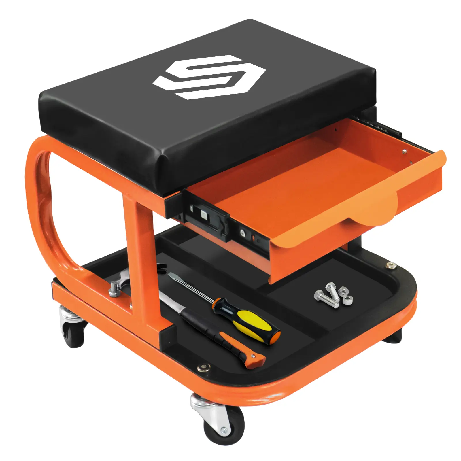 Sekam Heavy-Duty Rolling Shop Stool for Mechanics, Padded Seat, Pull-Out Tray, Storage Platform, 250LB Capacity Locking Casters, Tools Accessories Compatible