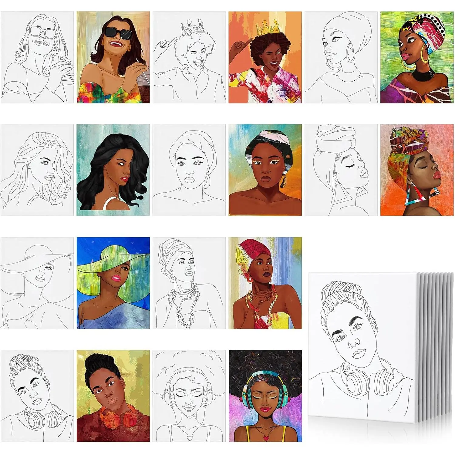 10 count Pre Drawn Canvas for Painting Preprinted Stretched Cotton Canvas for Adults Pre Drawn Outline for Valentines Couple Date Night Sip and  Party Favor(Classic Afro ,8 x 10 Inch)