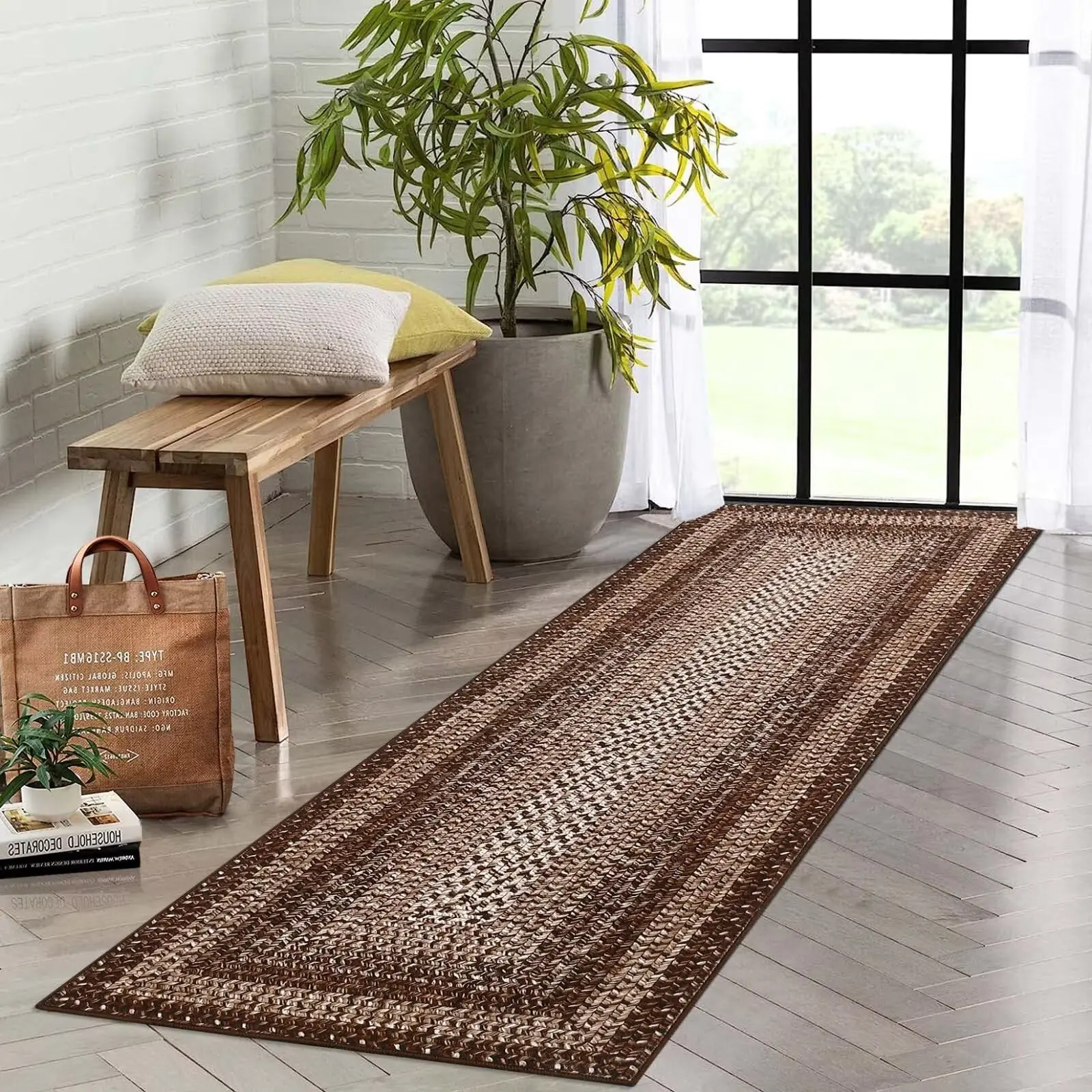 Brown 2x8 Braided Area Rug with Non-Slip Backing, Modern Accent Carpet for Bedroom, Living Room, Dining Room & Hallway, Foldable Low Pile Throw Rug