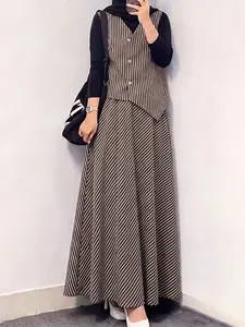Striped Two-Piece Set, Matching Set, Long Sleeve Top with Buttons, Elastic Waist Skirt, Skirt Sets, Casual Loose-Fit, Spring & Fall Fashion