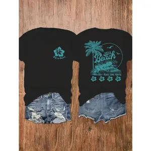 Women's Summer Short Sleeve Lotus Flower Beach & Palm Tree Graphic Tee Vacation Coastal Vibe Shirts Casual Loose Fit