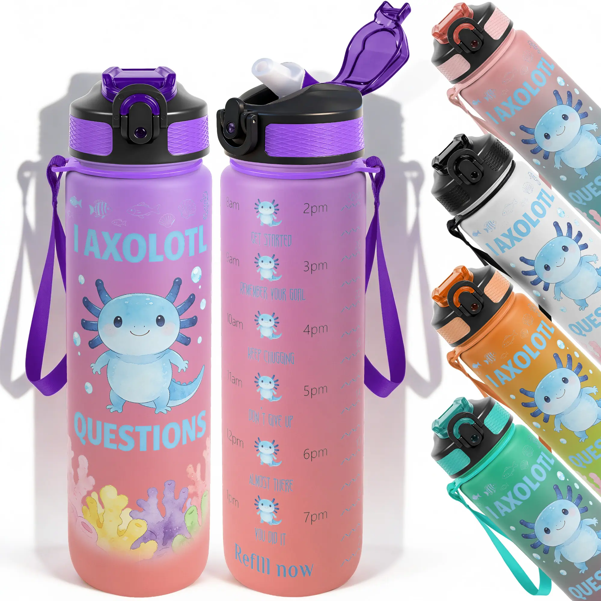 1pc,32oz Water Bottle Axolotl Themed Design Durable  Leak-Proof 1000ml Time Marker Water Bottle Drinkware - Shatter-Resistant for Sports, Fitness, Hiking & Outdoor Travel - Large Capacity, Ideal Gift