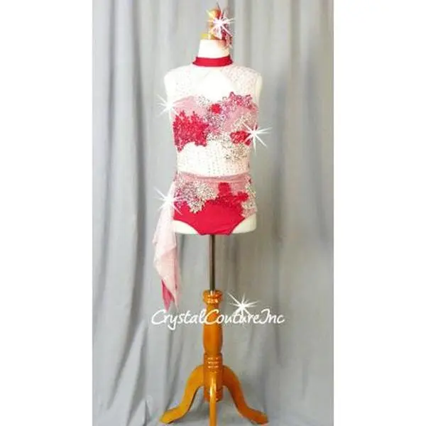 Custom Light Pink & Red Lycra Leotard with  Mesh Details - Appliques & Swarovski Rhinestones
