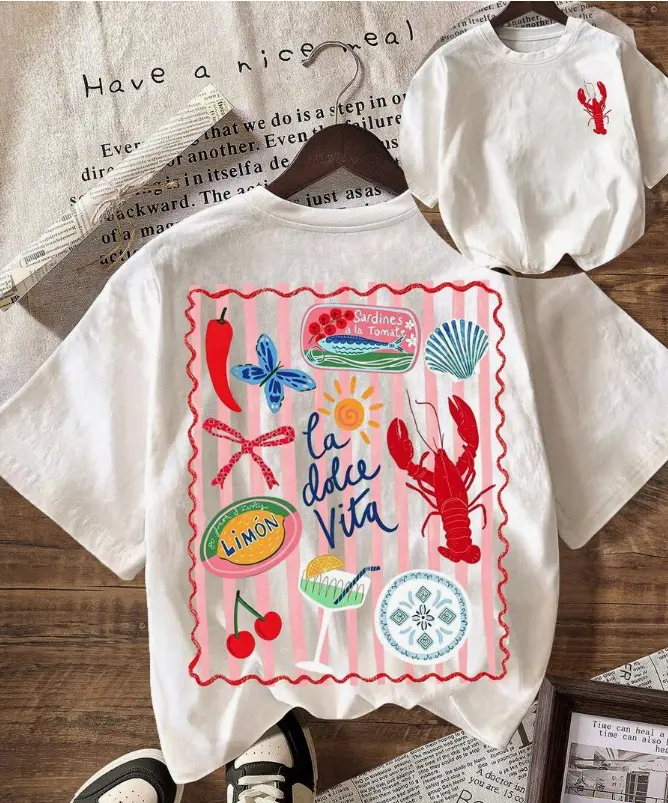Women's Striped Lobster Graphic Cotton Shortleeve T-Shirt - Casual Round Neck Summer Top with Turtle Accent, Shortsleeve