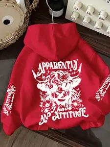 Women's Hooded Sweatshirt with Cartoon Cow Print, Casual Loose-Fit Pullover for Fall & Winter, Korean Style Streetwear