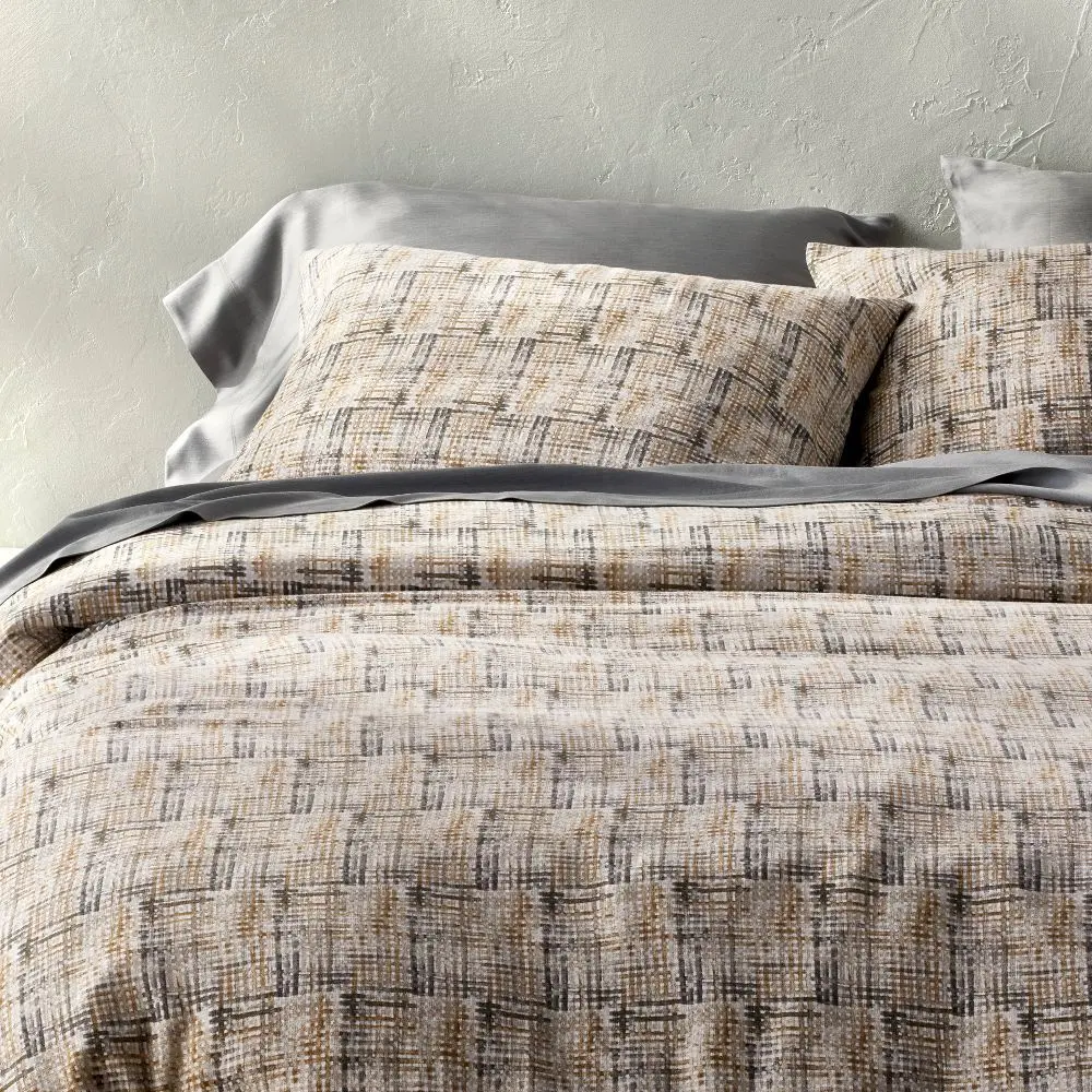 Casaluna Heavyweight Linen Blend Duvet Cover and Sham Set, 96x92 in, Grid Print, Hidden Zipper, Set of 3