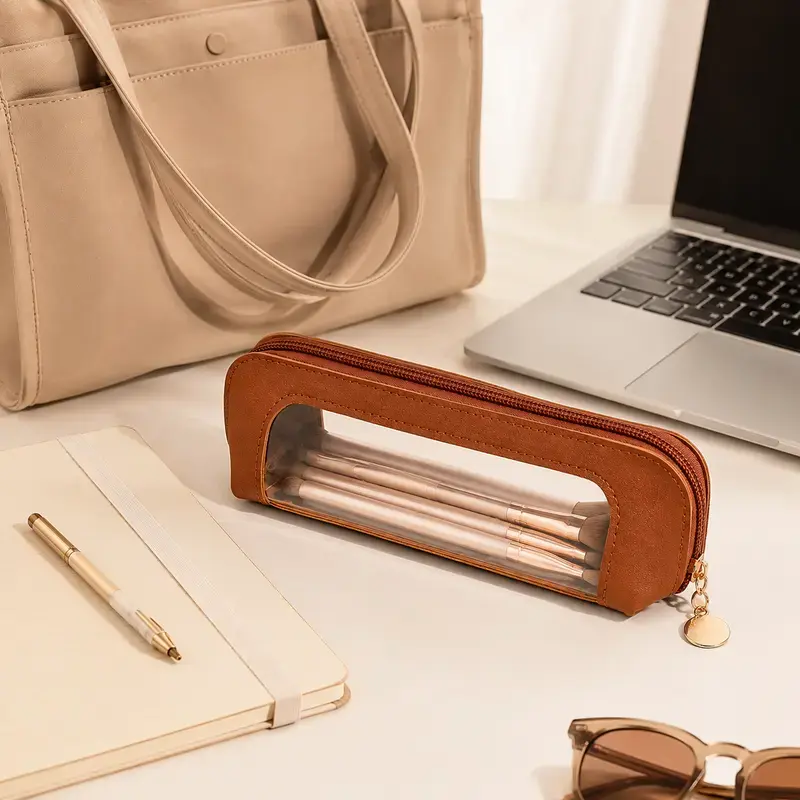 Portable Makeup Brush Bag, Waterproof Zipper Storage Bag Organizer Pouch, Versatile Storage Stationery, Travel Bag Portable Cosmetic ，White&brown