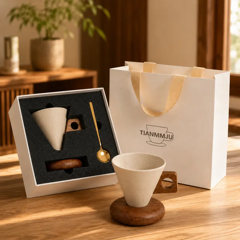 Vintage Conical Ceramic Mug - 250ml Compact Eco-Friendly Textured Cup with Wooden Grip, Steadier Wooden Base, Cafe-Ready Look, Home Supplies Drinkware for Adults, Milk/Tea/Cappuccino, Gift-Ready Charm